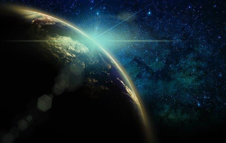 Part of earth with sun rise and lens flare over the Milky Way background, Internet Network concept,