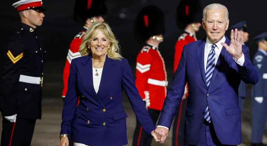 US President Joe Biden and first lady Jill Biden arrive at Cornwall Airport. Source: Reuters