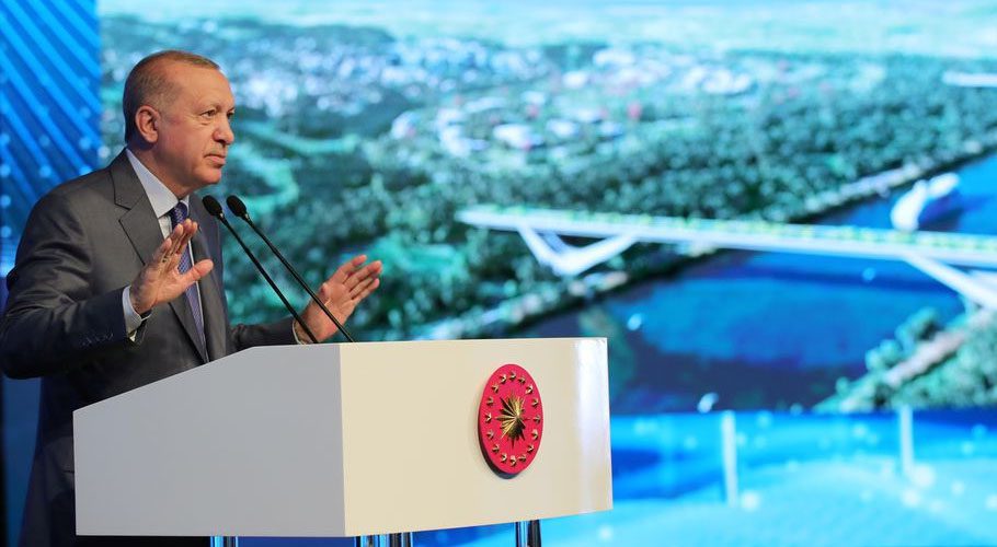 Turkish President Tayyip Erdogan speaks during the groundbreaking ceremony of a bridge over the planned route of Kanal Istanbul. Source: Reuters