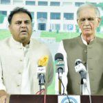 Minister for Information and Broadcasting Chaudhry Fawad Hussain and Minister for Defence Pervaiz Khattak addressing media at Parliament House. Source: PID.
