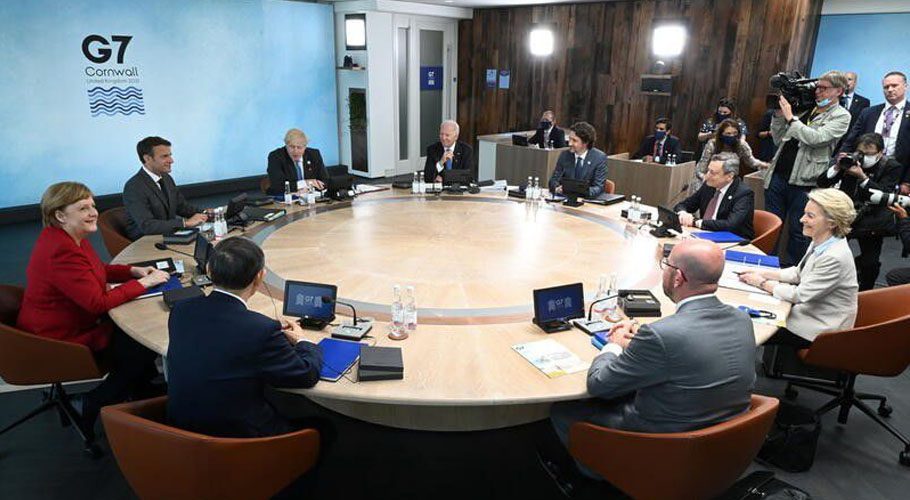 World Leaders sit around the table at the top of the G7 meeting in Carbis Bay, Cornwall, Britain. Source: Reuters