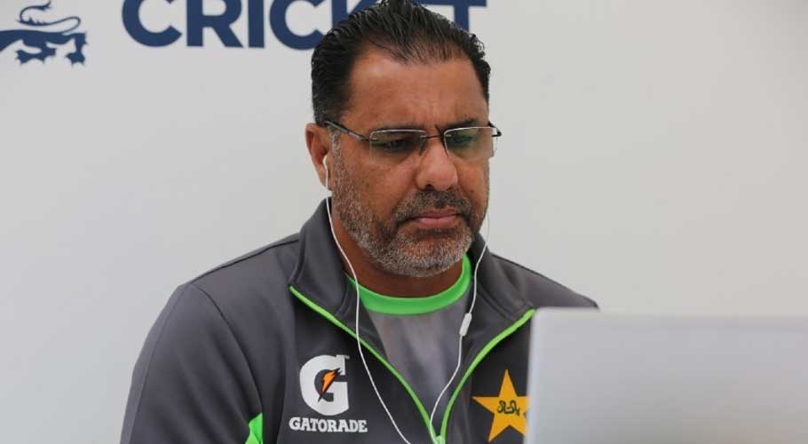 Waqar Younis addressing a virtual press conference from England.