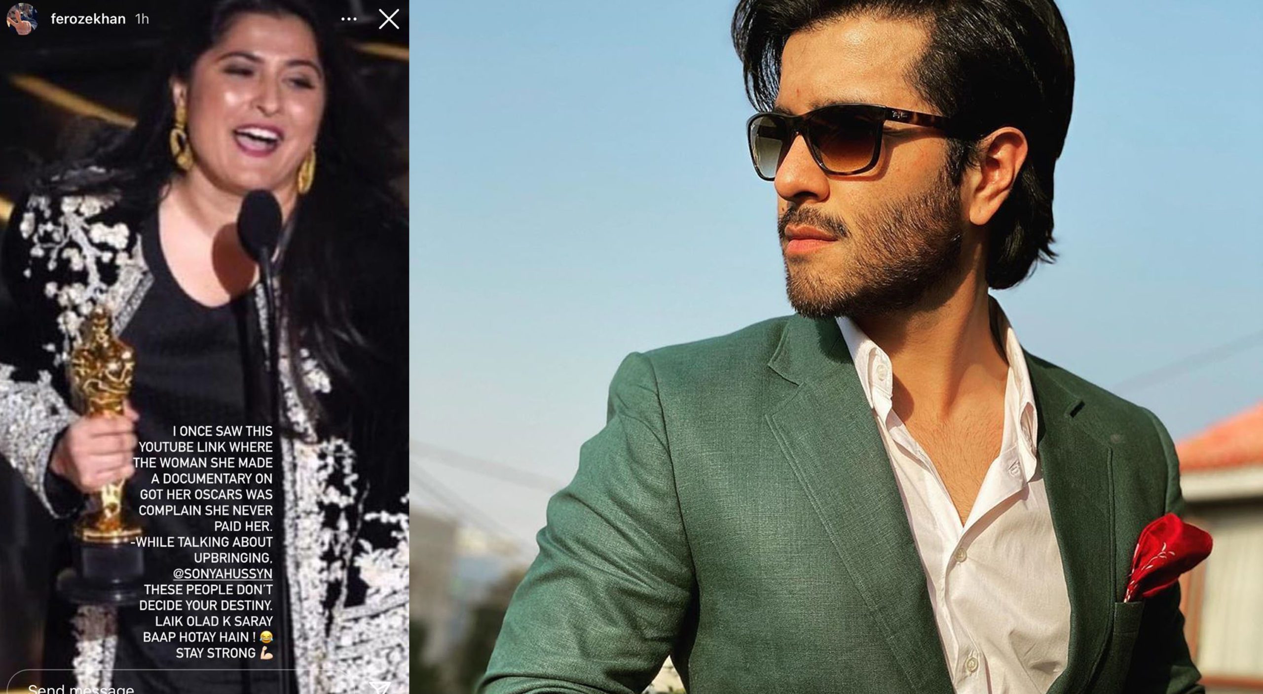 Pakistani leading actress Sonya Hussyn recently received support from actor Feroze Khan after famous filmmaker Sharmeen Obaid-Chinoy schooled Sonya for her past statement.