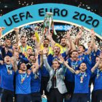 Italy celebrate with the trophy after winning Euro 2020 . Source: Reuters