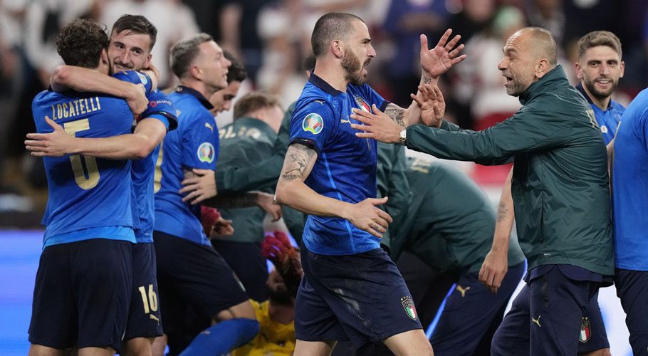 Italy celebrate after winning Euro 2020 after a penalty shootout. Source: Reuters