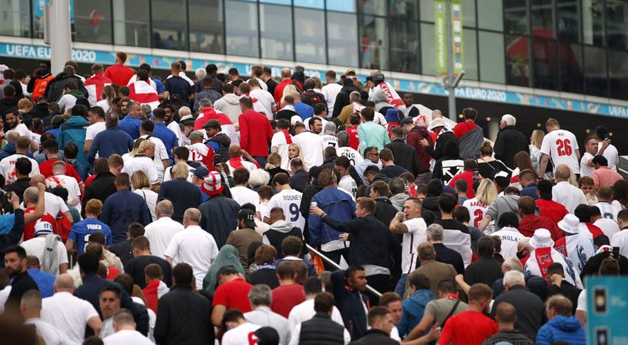 England fans with flares on Wembley way outside Wembley stadium ahead of the match. Source: Reuters