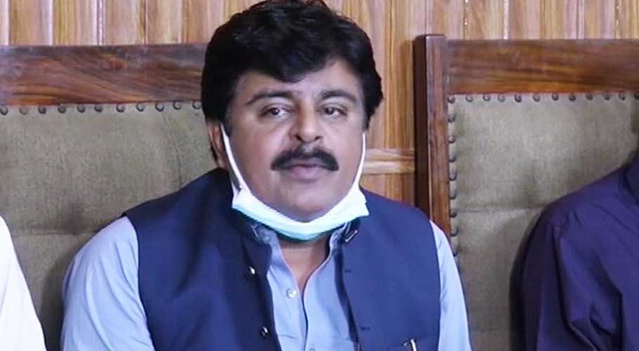 Sindh Education Minister Syed Sardar Ali Shah addresses a press conference.