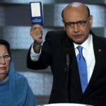 Khizr Khan, accompanied by his wife Ghazala, speaks at the Democratic National Convention in Philadelphia on July 28, 2016. Source: NPR