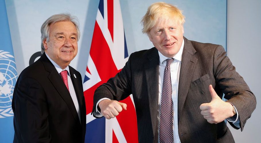 UK Prime Minister Boris Johnson and UN Secretary-General António Guterres hosted a roundtable of world leaders. Source: Reuters.