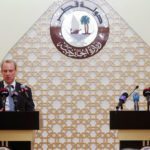 Qatari Foreign Minister Sheikh Mohammed bin Abdulrahman Al-Thani and Britain's Foreign Secretary Dominic Raab hold a joint news conference in Doha. Source: Reuters.