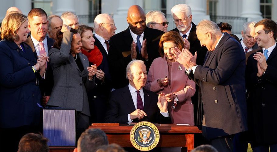 US President Joe Biden signs the "Infrastructure Investment and Jobs Act". Source: Reuters.