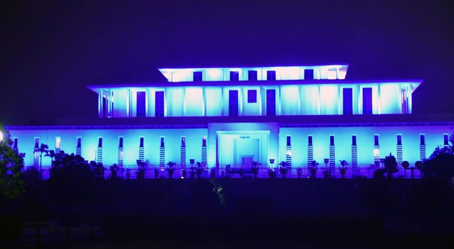 The Aiwan-e-Sadr lights up blue on the occasion of World Children’s Day in Islamabad. Source: APP/Twitter.
