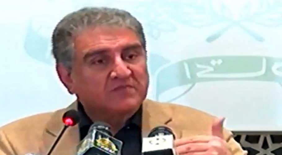 Qureshi addresses a press conference in Islamabad on Monday. (Source: Radio Pak)
