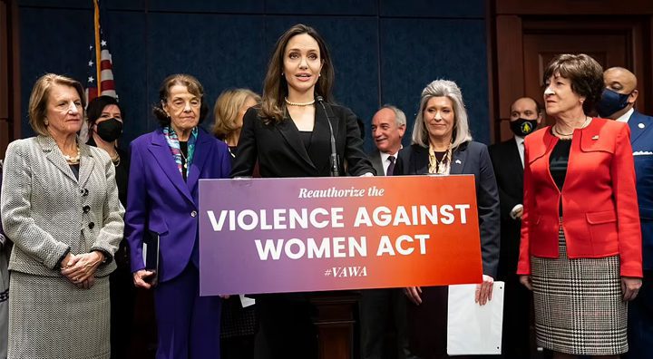 Actress Angelina Jolie visited Capitol Hill to help a bipartisan group of senators roll out a new version of the Violence Against Women Act. Source: Daily Mail/Reuters.
