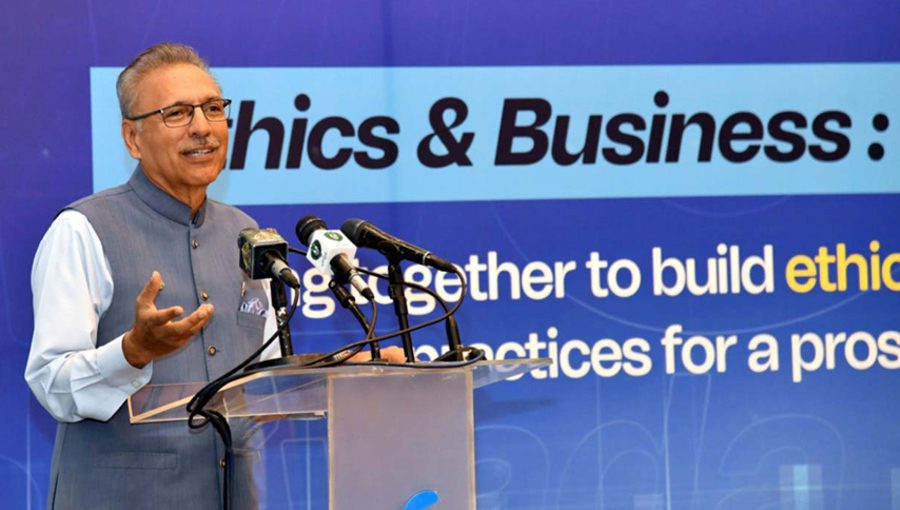 The president was speaking at a discussion themed ‘Ethics and business’. Source: PID.