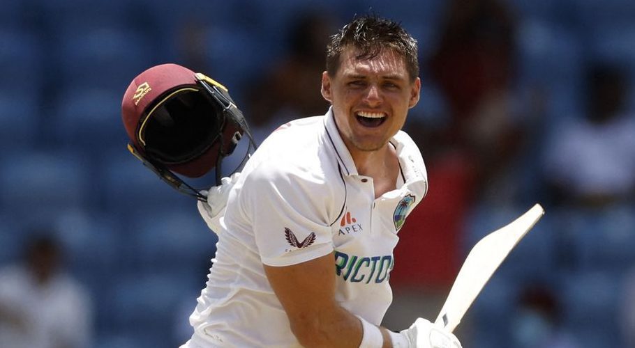 West Indies' Joshua Da Silva celebrates reaching his century. Source: Reuters.