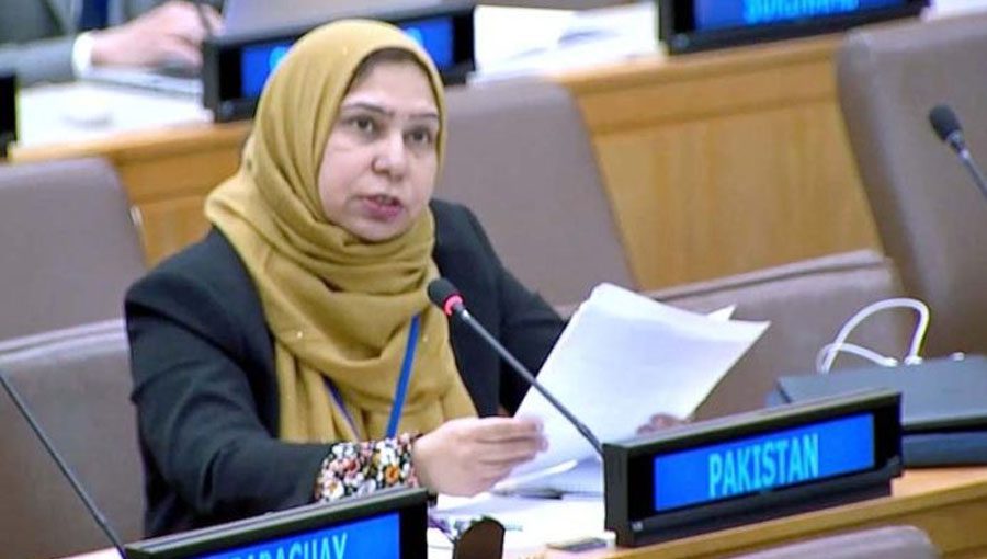 Pakistani delegate Mariam Shaikh was addressing the UN General Assembly. Source; APP. 