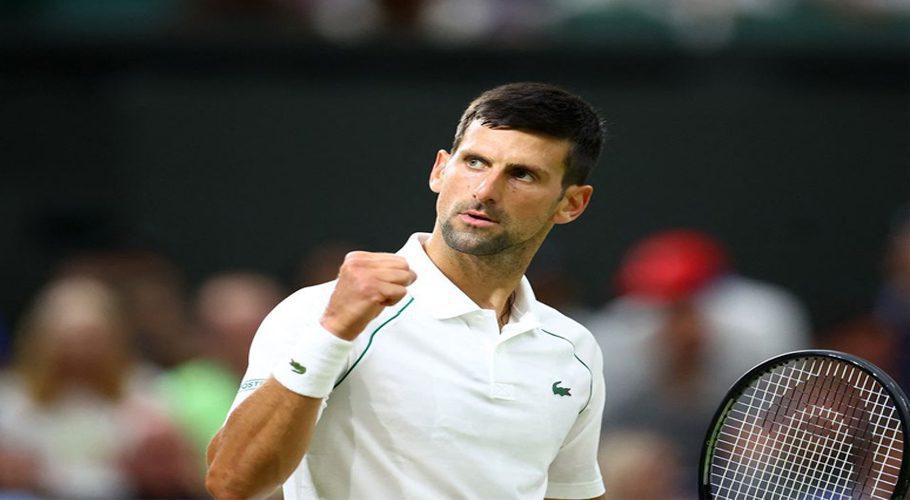 Tennis - Wimbledon - All England Lawn Tennis and Croquet Club, London, Britain - July 3, 2022 Serbia's Novak Djokovic reacts during his fourth round match against Netherlands' Tim van Rijthoven REUTERS/Hannah Mckay