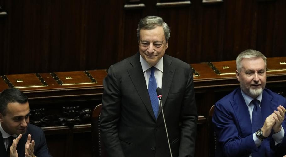 Italian Premier Mario Draghi delivers his address at the Parliament in Rome, Thursday, July 21, 2022. Premier Mario Draghi's national unity government headed for collapse Thursday after key coalition allies boycotted a confidence vote, signaling the likelihood of early elections and a renewed period of uncertainty for Italy and Europe at a critical time. (AP Photo/Andrew Medichini)