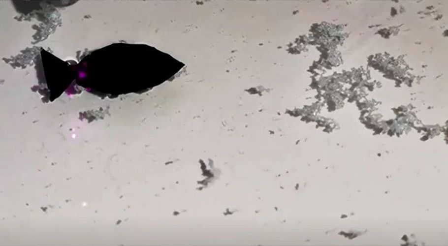 A fish-shaped robot, which researchers say can suck up microplastics in shallow water, moves under the direction of a near-infrared (NIR) light, in this screen grab taken from a handout video provided to Reuters July 12, 2022. Zhang Xinxing's research team from Polymer Research Institute, Sichuan University/Handout via REUTERS