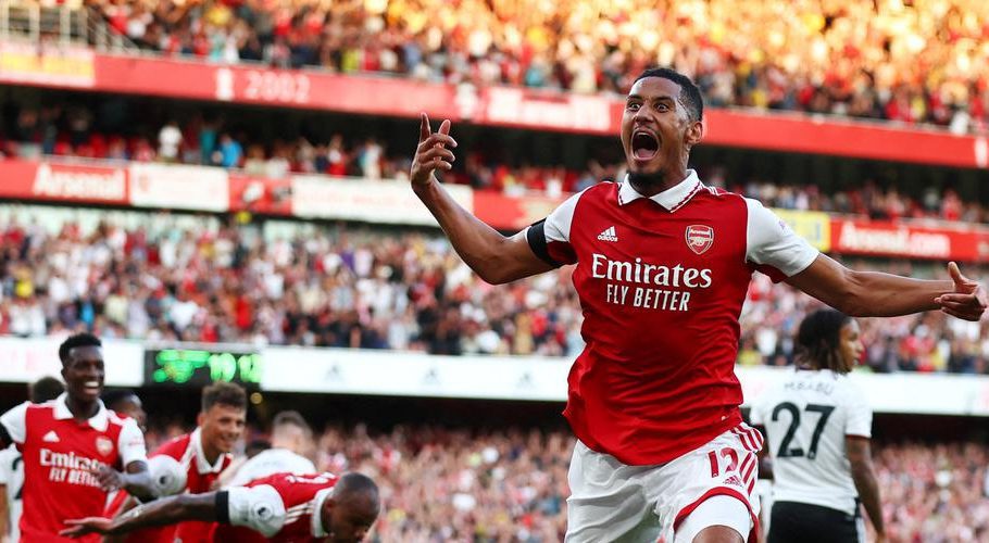 Arsenal’s William Saliba celebrates its second goal scored by Gabriel during the 2-1 Premier League win over Fulham on Saturday. | Photo Credit: REUTERS