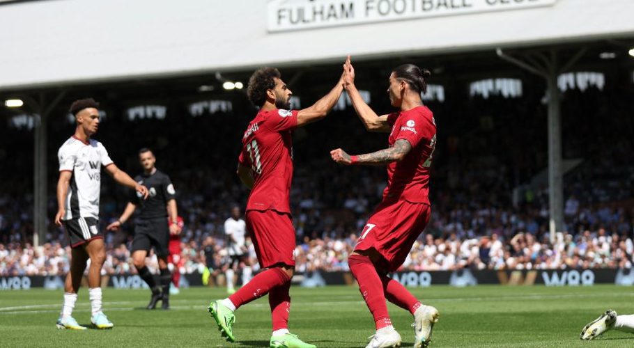 Liverpool's Darwin Nunez, right, celebrates with teammate Liverpool's Mohamed Salah after scoring during the English Premier League soccer match between Fulham and Liverpool at Craven Cottage stadium in London, Saturday, Aug. 6, 2022. (Ian Walton/AP)