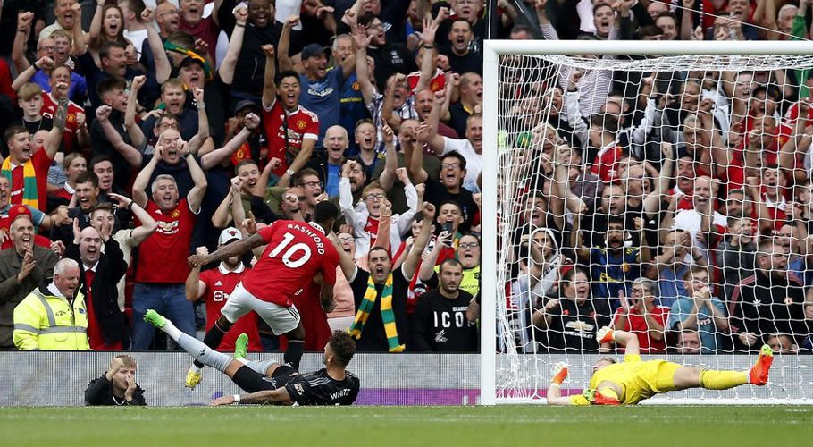 Soccer Football - Premier League - Manchester United v Arsenal - Old Trafford, Manchester, Britain - September 4, 2022 Manchester United's Marcus Rashford scores their third goal REUTERS/Craig Brough