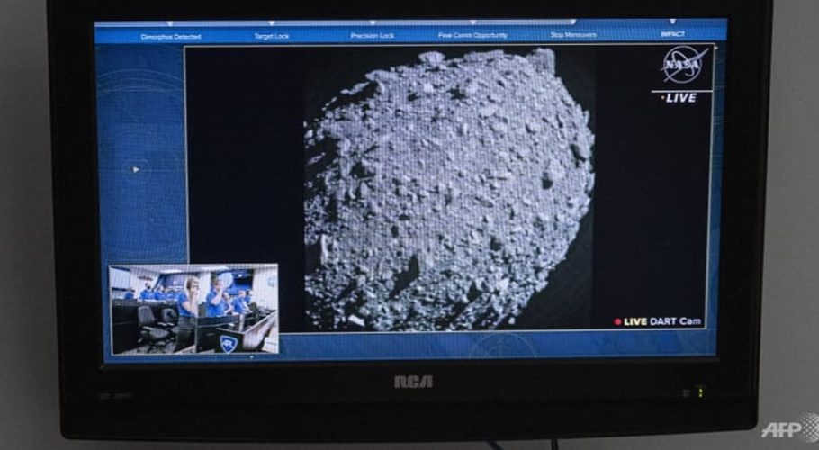 A television at NASA's Kennedy Space Center in Cape Canaveral, Florida, captures the final images from the Double Asteroid Redirection Test (DART) just before it smashes into the asteroid Dimorphos on Sep 26, 2022. (Photo: AFP/Jim Watson)