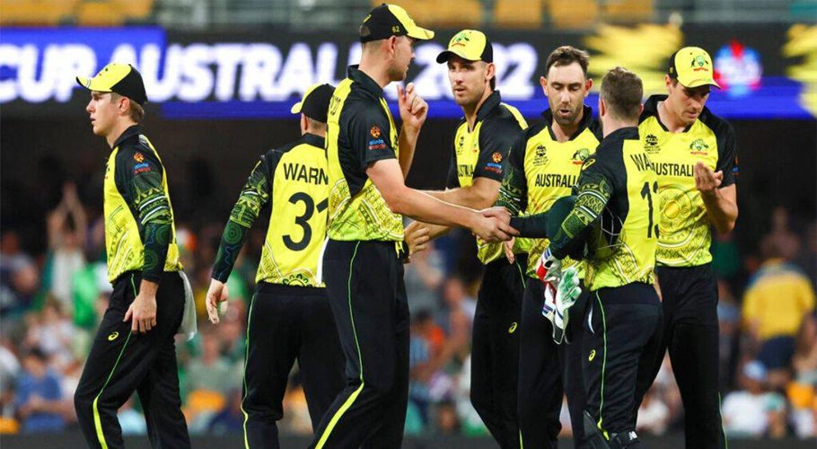Australia react after defeating Ireland by 42 runs during the T20 World Cup cricket match in Brisbane Australia, Monday, Oct. 31, 2022. (AP Photo/Tertius Pickard)