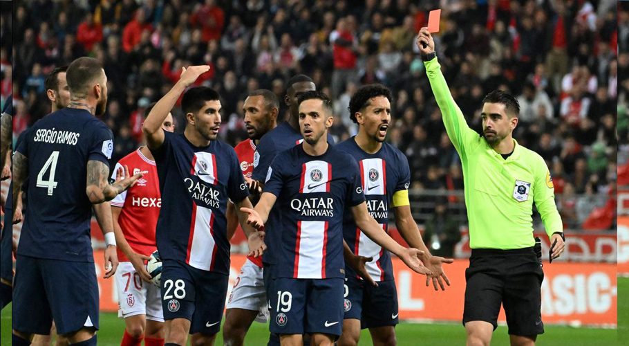 Sergio Ramos was shown a red card in the 41st minute for dissent. | Photo Credit: AFP
