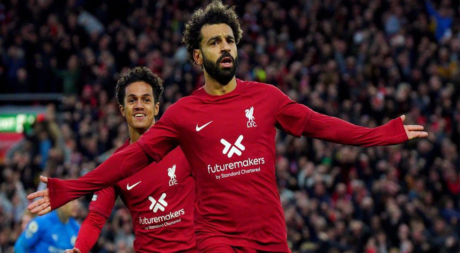 Mohamed Salah celebrates his goal against Man City. (Image: Sky News)