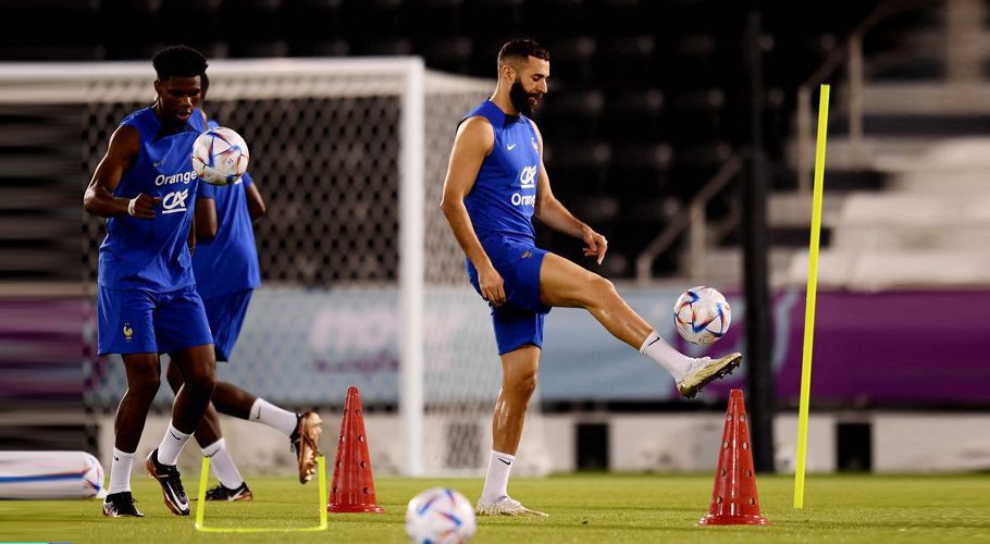 FIFA World Cup Qatar 2022 - France Training - Al Sadd SC Stadium, Doha, Qatar - November 19, 2022 France's Karim Benzema and Aurelien Tchouameni during training REUTERS/Annegret Hilse