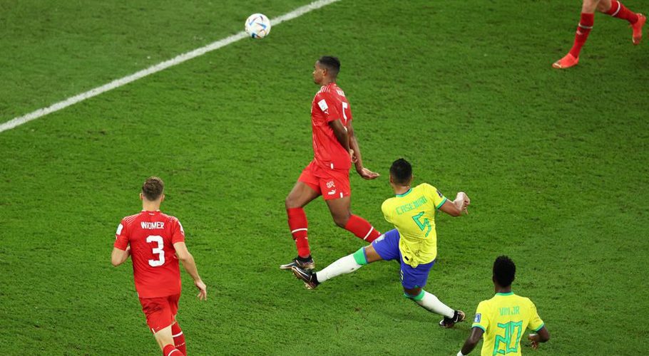 FIFA World Cup Qatar 2022 - Group G - Brazil v Switzerland - Stadium 974, Doha, Qatar - November 28, 2022 Brazil's Casemiro scores their first goal REUTERS/Marko Djurica