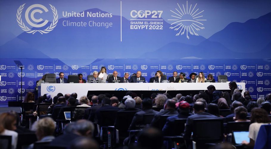 The first plenary session convenes on the first day at the United Nations climate change summit in Sharm el-Sheikh, Egypt, on Nov. 6. SEAN GALLUP/GETTY IMAGES