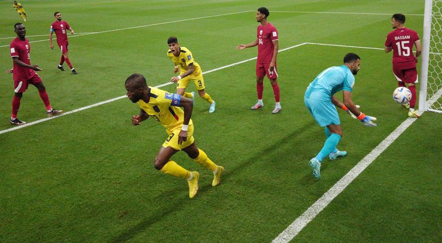 FIFA World Cup Qatar 2022 - Group A - Qatar v Ecuador - Al Bayt Stadium, Al Khor, Qatar - November 20, 2022 Ecuador's Enner Valencia celebrates scoring their first goal that was later disallowed Pool via REUTERS/Lars Baron