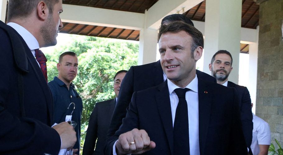 French President Emmanuel Macron, right, walks after an emergency meeting at Nusa Dua in Bali, Indonesia on Wednesday, Nov. 16, 2022. Firdia Lisnawati/Pool via REUTERS/File Photo