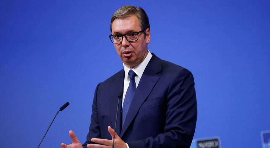 Serbian President Aleksandar Vucic speaks during a joint news conference with NATO Secretary General Jens Stoltenberg (not pictured) at the alliance's headquarters in Brussels, Belgium August 17, 2022. REUTERS/Johanna Geron