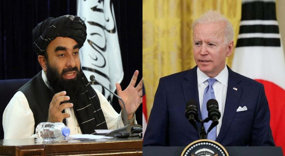 Taliban spokesman Zabihullah Mujahid (L) and US President Joe Biden (R) - (File)