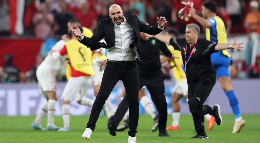 FIFA World Cup Qatar 2022 - Group F - Canada v Morocco - Al Thumama Stadium, Doha, Qatar - December 1, 2022 Morocco coach Walid Regragui celebrates after the match as Morocco qualify for the knockout stages REUTERS/Carl Recine
