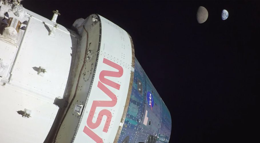 NASA's Orion spacecraft with the moon and Earth in the background. Credit: NASA