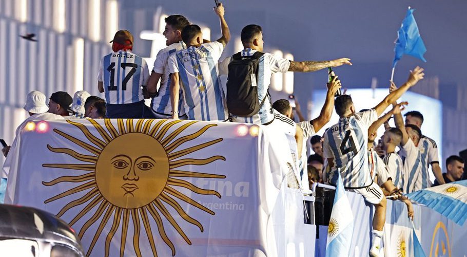 FIFA World Cup Qatar 2022 - Final - Argentina v France - Lusail Stadium, Lusail, Qatar - December 19, 2022 Argentina players celebrate on a bus outside the stadium after winning the World Cup REUTERS/Hamad I Mohammed