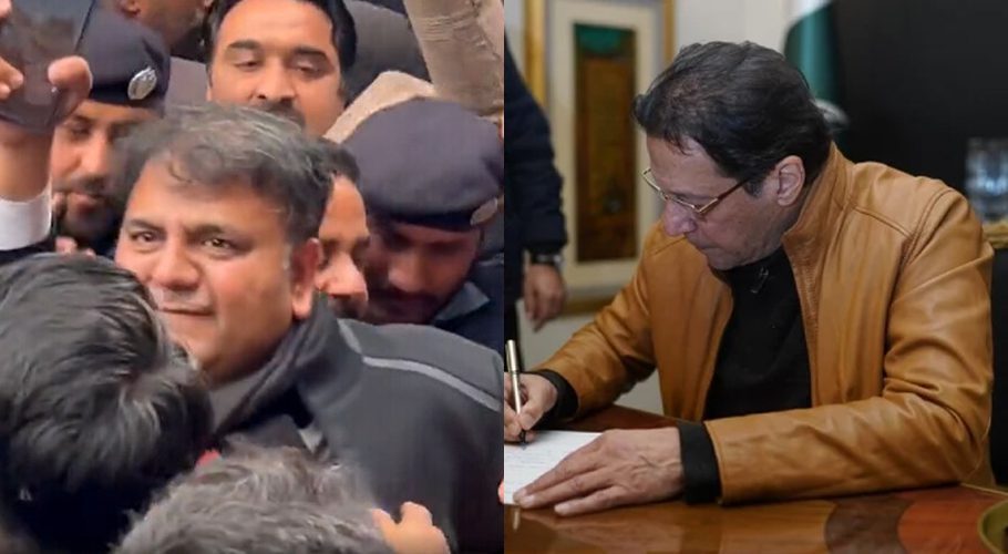 Police officers accompany PTI leader Fawad Chaudhry as they leave the courtroom following a hearing in Islamabad on January 27, 2023 (left), and PTI Chairman Imran Khan writes a letter to CJP on January 28, 2023. — AFP/PTI