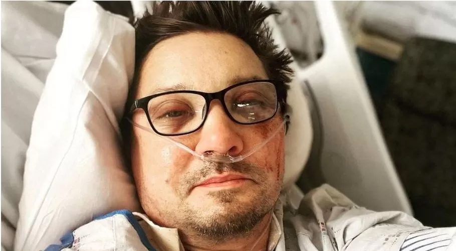 A screen grab shows a selfie of actor Jeremy Renner on a hospital bed, posted on Instagram with a caption reading, "Thank you all for your kind words. IÕm too messed up now to type. But I send love to you all" in this picture obtained from social media January 3, 2023.