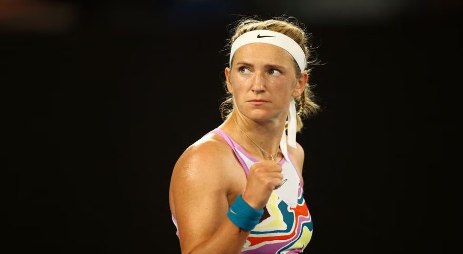 Tennis - Australian Open - Melbourne Park, Melbourne, Australia - January 24, 2023 Belarus' Victoria Azarenka celebrates winning the first set of her quarter final match against Jessica Pegula of the U.S. REUTERS/Carl Recine