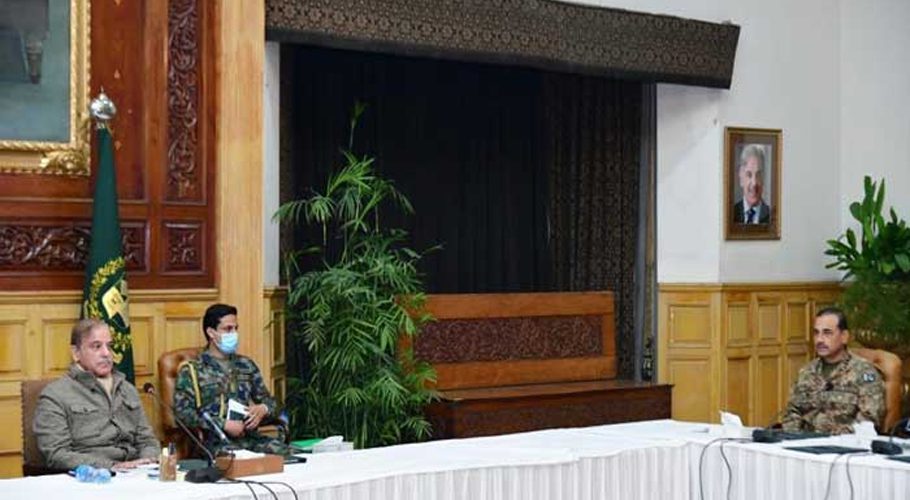PM Shehbaz Sharif (left) chairs the apex committee meeting in Peshawar, while Chief of Army Staff General Asim Munir is also present (Image: PM's Office)