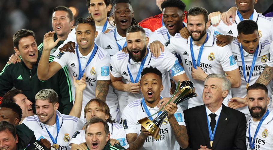 Real Madrid's players celebrate with the trophy at the end of the FIFA Club World Cup final football match between Spain's Real Madrid and Saudi Arabia's Al-Hilal at the Prince Moulay Abdellah Stadium in Rabat on February 11, 2023. - Real Madrid lifted th

Image credit: Getty Images