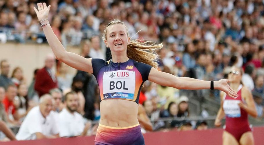 Athletics - Diamond League - Lausanne - Stadium, Lausanne, Switzerland - August 26, 2022 Netherlands' Femke Bol crosses the line to win the women's 400m hurdles REUTERS/Arnd Wiegmann