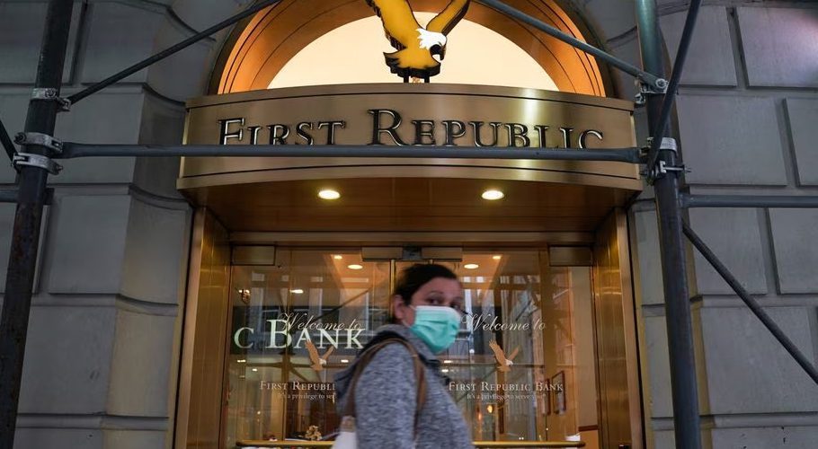 A person walks past the Park Avenue location of the First Republic Bank, in New York City, U.S., March 10, 2023. REUTERS/David 'Dee' Delgado