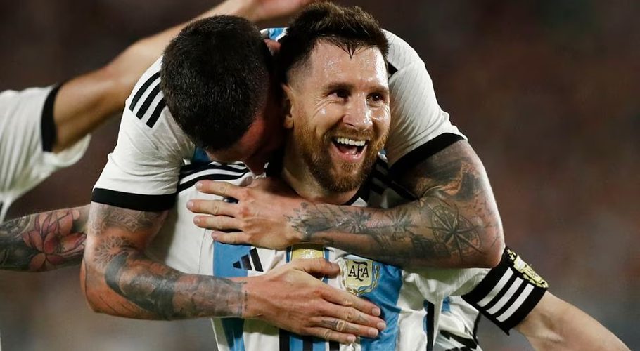 Football - International Friendly - Argentina v Panama - Estadio Monumental, Buenos Aires, Argentina - March 23, 2023 Argentina's Lionel Messi celebrates scoring their second goal with teammates REUTERS/Agustin Marcarian