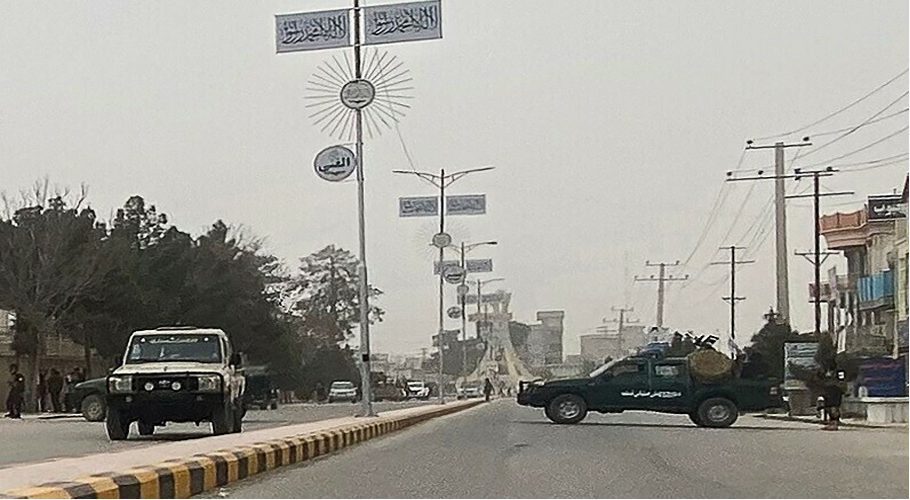 Taliban security personnel (R) block a road in Mazar-i-Sharif on Thursday (March 9), following a blast at the office of Taliban governor of Afghanistan’s Balkh province. — AFP
